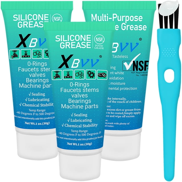 XBVV Grasa lubricante de silicona de grado alimenticio para fontanero para grifo impermeable, filtro de piscina, junta tórica, paquete de 3, tubo de 1 oz con cepillo