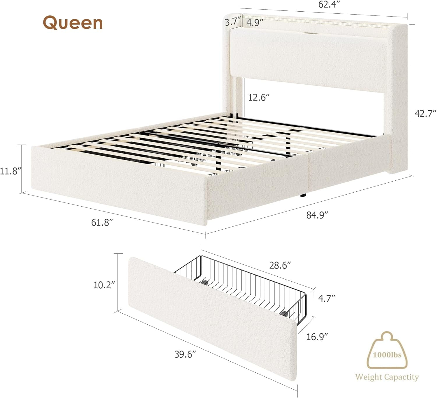 Boucle Upholstered Bed Frame Full Size/Queen Size,Bed Frame with LED Light Headboard,Charging Station and 4 Storage Drawers,No Box Spring Needed,Wood Slats
