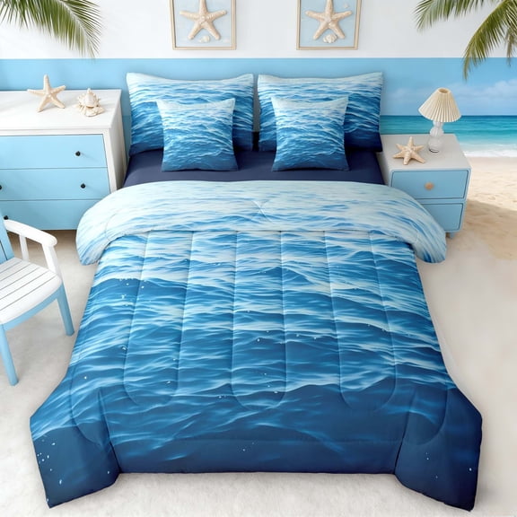 Manfei Gradient Blue Ocean Twin Bedding Sets for Kids Boys and Girls, Sea Water Print Bedding Comforter Set, Navy Reversible 7pcs