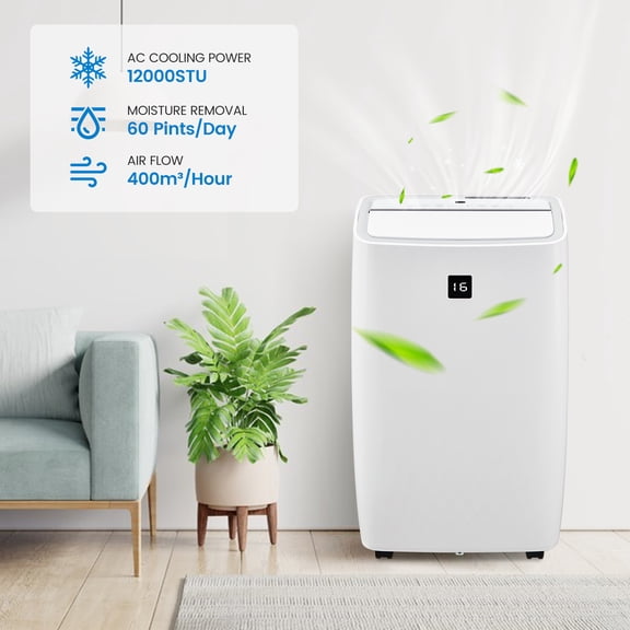 Portable Air Conditioner 12,000 BTU – 3-in-1 AC with Fan & Dehumidifier – Cools Rooms up to 700 Sq.Ft – Smart Digital Display, Remote, 24H Timer, Sleep Mode, Window Vent Kit – Ideal for Bedroom