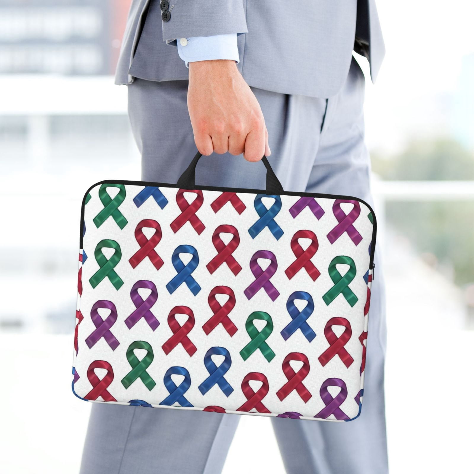 Laptop Sleeve Bag For Women Men 14inch Waterproof Durable Protective Computer Carrying Cover Handle Laptop Case Bag Cancer Awareness Ribbon Pattern - Jewel Tones