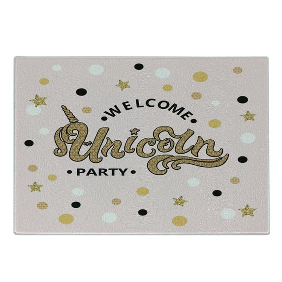 Unicorn Party Cutting Board, Hand Drawn Lettering with Pale Pink Dots and Stars Background, Decorative Tempered Glass Cutting and Serving Board, Small Size, Apricot Pale Pink Black, by Ambesonne