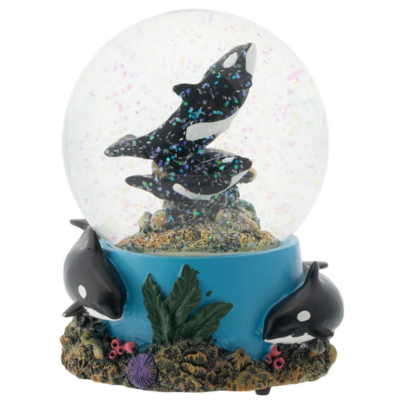 Coral Reef Orca Pod 100MM Musical Water Globe Plays Tune Wonderful World
