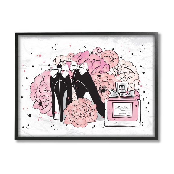 Stupell Industries Glam Pink Peonies Black Fashion Bow Heels Beauty & Fashion Painting Black Framed Art Print Wall Art, 11 x 14