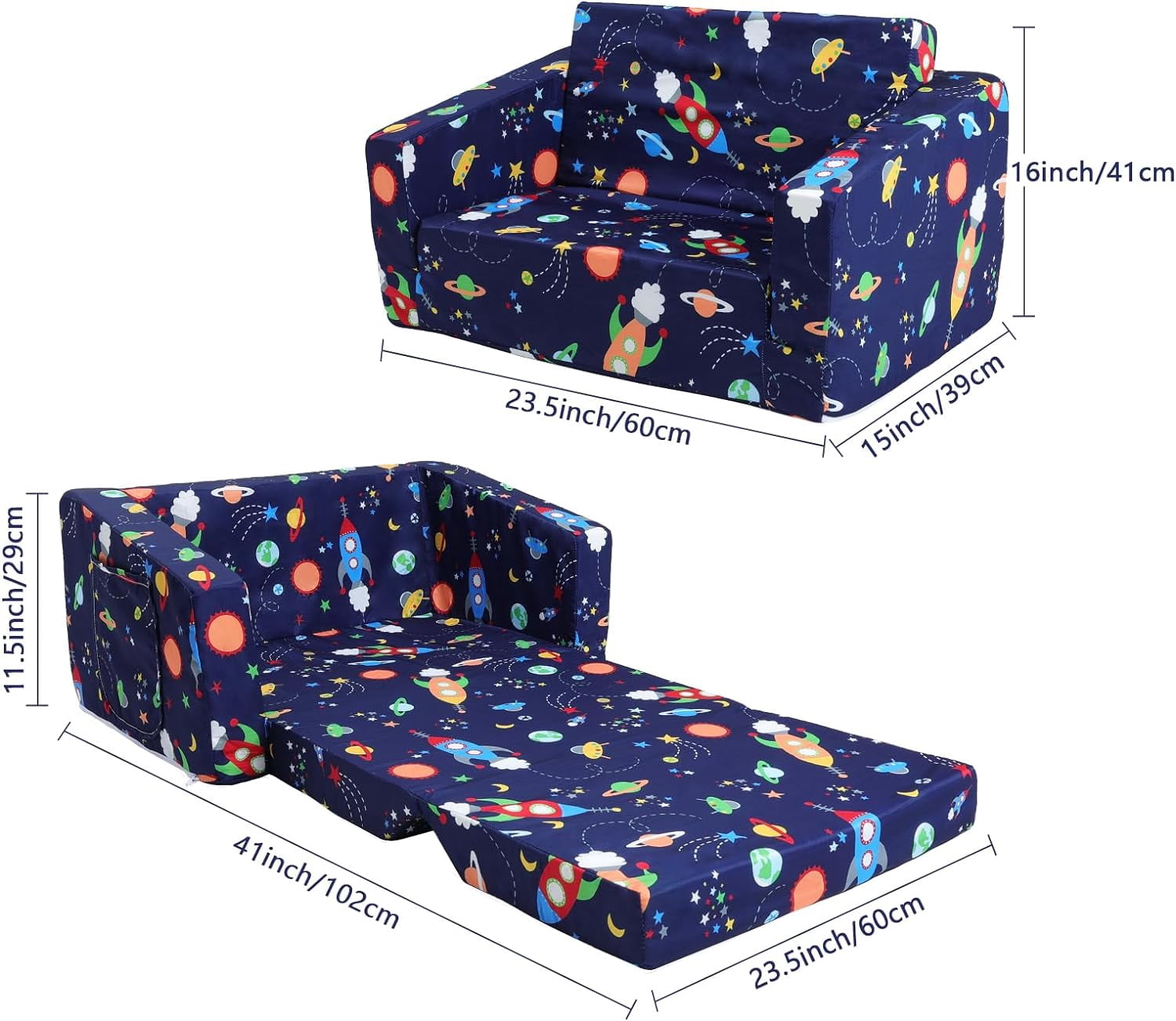 Kids Couch Convertible Sofa to Lounger for Toddler Boy, Foldable 2-in-1 Kids Sofa Bed, Toddler Chairs  for Bedroom Playroom, Blue Rocket