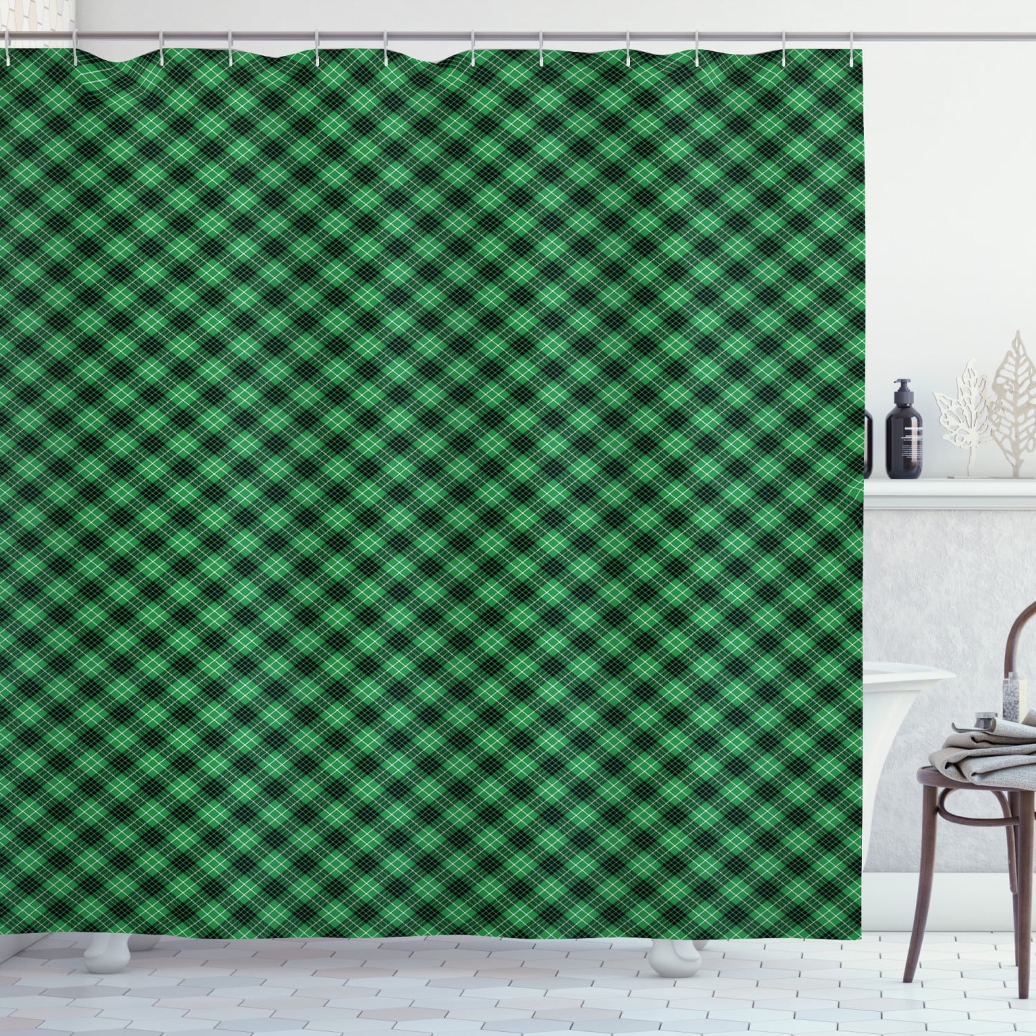 Plaid Shower Curtain, Diagonal Tartan Vibrant Green Color Geometrical Design with Stripes and