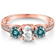 thumbnail image 3 of Gem Stone King 18K Rose Gold Plated Silver 3-Stone Ring Oval White Created Sapphire and Vivid Blue Moissanite (2.12 Cttw, Size 8), 3 of 6