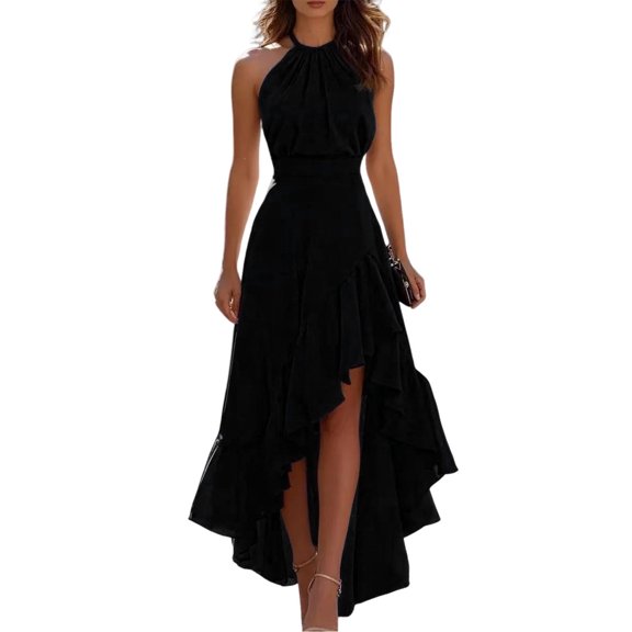 Quixlent Women's Layered Ruffle Hem Dress, Halter Sleeveless Party Cocktail Dress, Asymmetrical High Low Flowy Evening Dress