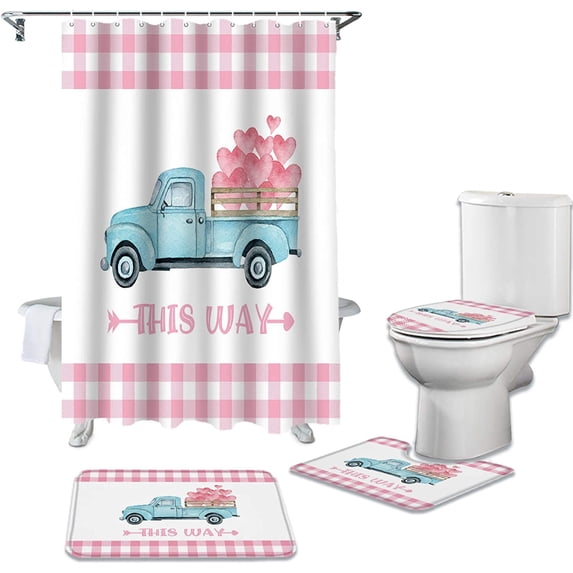 FMSHPON Valentines TruckHearts 4 Piece Bathroom Set Shower Curtain Bath Rug Contour Mat and Toilet Lid Cover