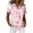 thumbnail image 2 of Women's Hawaiian Summer Beach Shirt Floral Tropic Print Short Sleeve V Neck Button Up Tops Pink 2XL, 2 of 5