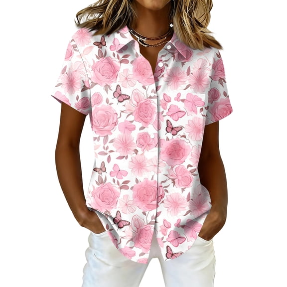 OIOLOYJM Womens Blouses 2026 Dressy Floral Print Short Sleeve Button Shirts Summer Lightweight Collared Clothes Business with Pocket Pink M