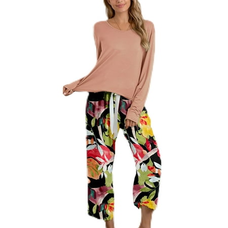 

UKAP Ladies Bow Floral Print Pajamas Sets Women Loose Nightwear Long Sleeve House Party Elastic Waist Baggy Sleepwear Orange 3XL