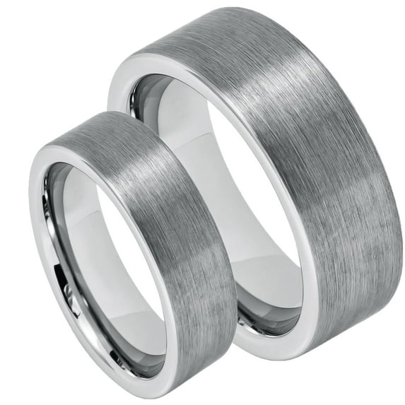 His & Her's 8MM/6MM Pipe Cut Brushed Finish Tungsten Carbide Wedding Band Ring Set