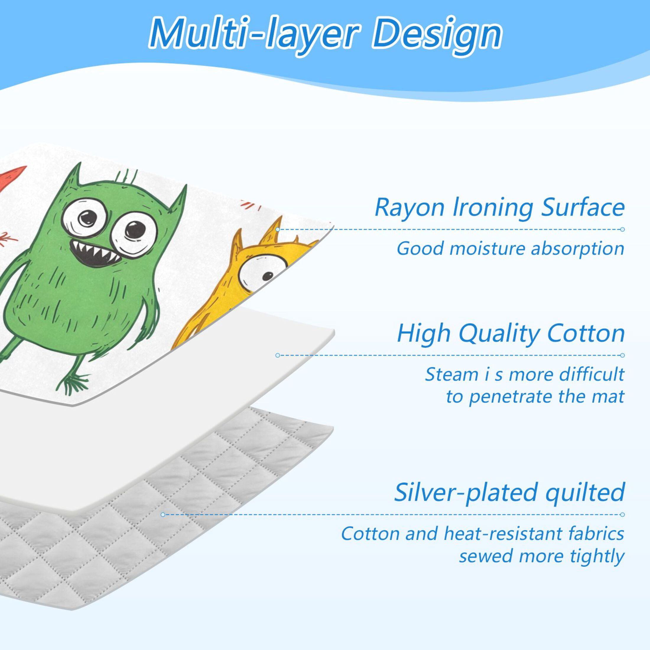 Little Monster Cartoon Doodle White Background Ironing Mat Blanket for Table Top Travel Portable Ironing Board Pad 47.2x27.6 Inch