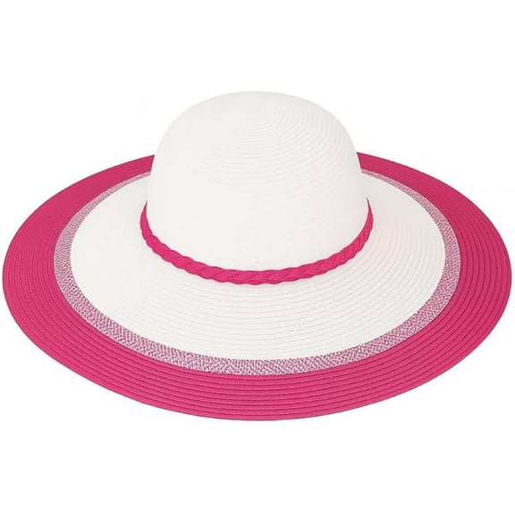 Women’s Wide Brim Sun Hat – White Straw Beach Hat with Pink-Blue Brim & Braided Band – Foldable Packable Summer Hat for UV Protection