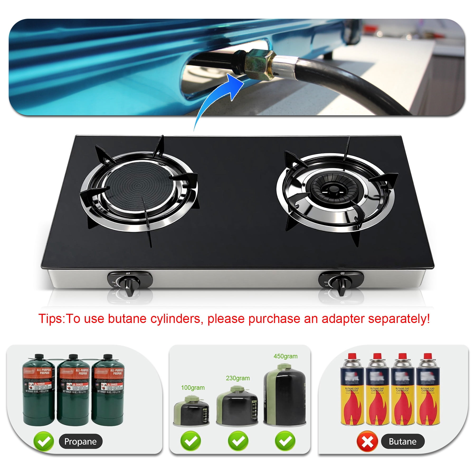 TIMVAGO 2-Burner Gas Stove with Tempered Glass Cover, Infrared & Blue Swirl Flame Burners, Includes Hoses & Regulator, LPG, for Outdoor, Patio, Camping, Kitchen, Christmas Gift