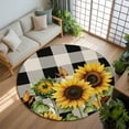 thumbnail image 3 of Sunflower Checkered 7ft Round Rug, Black Buffalo Plaid Pastoral Flowers Non-Skid Rubber Backing Large Area Rugs - Living Room Bedroom Home Office, Indoor Floor Mat Carpets Washable Rug, 3 of 9