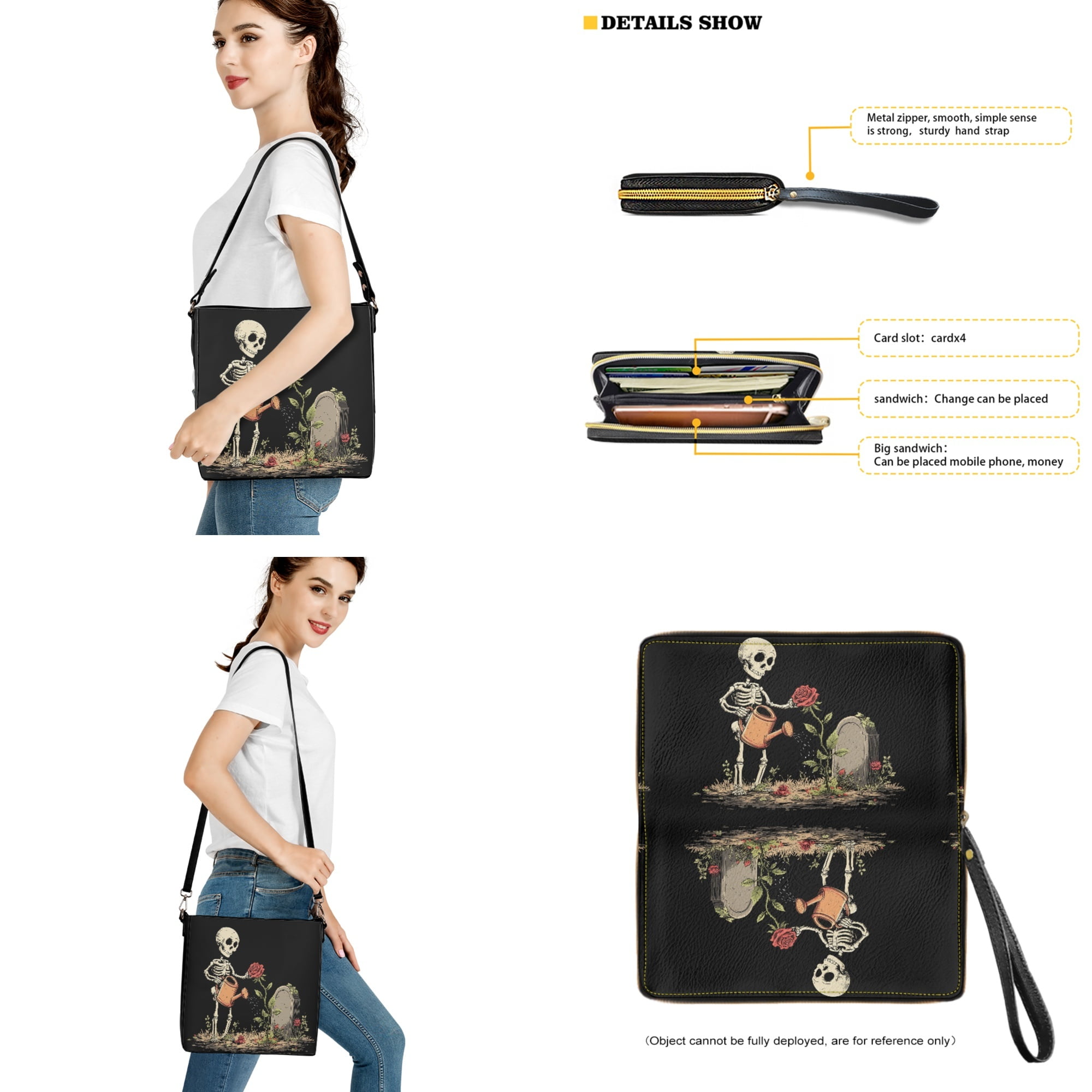 ZUXONGSY Halloween Skull Rose Print Bucket Purse and Wallet Set for Women Lady Large Bucket Bag Tote Purse Set Multipurpose 2 Pcs Bucket Purse Set for Business