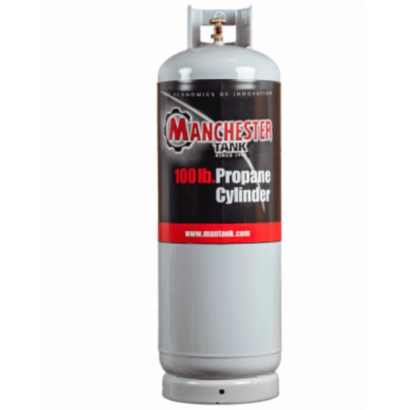 Manchester Tank Propane Tank 1428 DOT Portable Tank; 100 Pounds Capacity; 46.6 Inch Length x 15.1 Inch Diameter; Powder Coated; Gray; Steel; Without Gauge; With POL Prest-O-Lite Valve; Empty