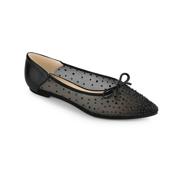 BLISSFUL STEP Women's Pointed Toe Rhinestone Mesh Bow Ballerina Flats Black 6
