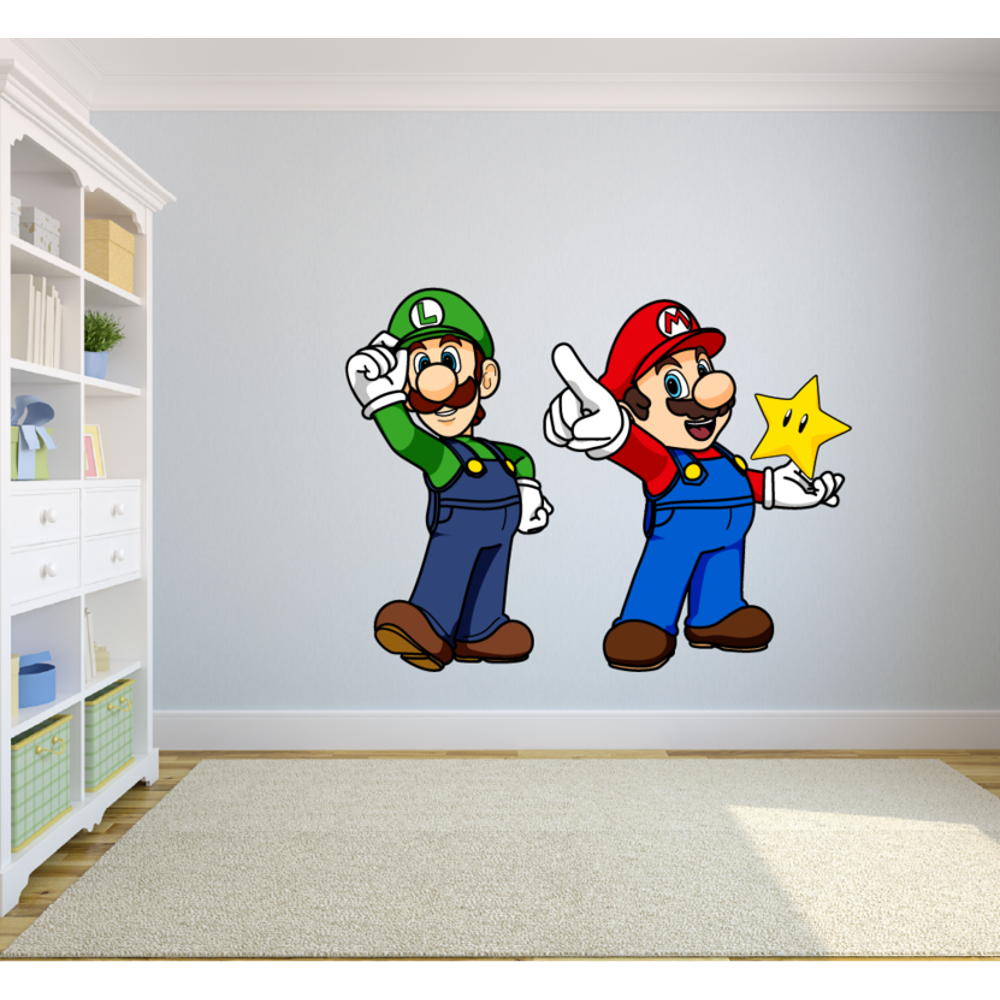 Mario and Luigi Super Mario Bros One Up Star Character Wall Art Sticker