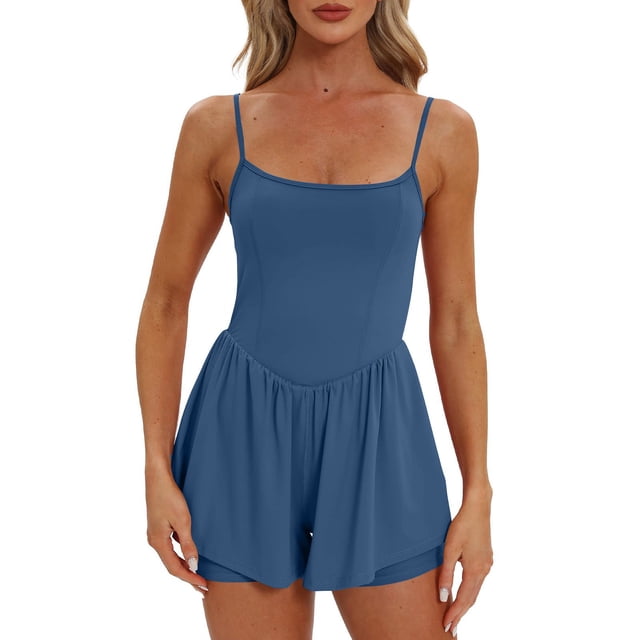 aidice Athletic Jumpsuits for Women Summer Low Neck Spaghetti Strap Solid Color Running Workout Rompers