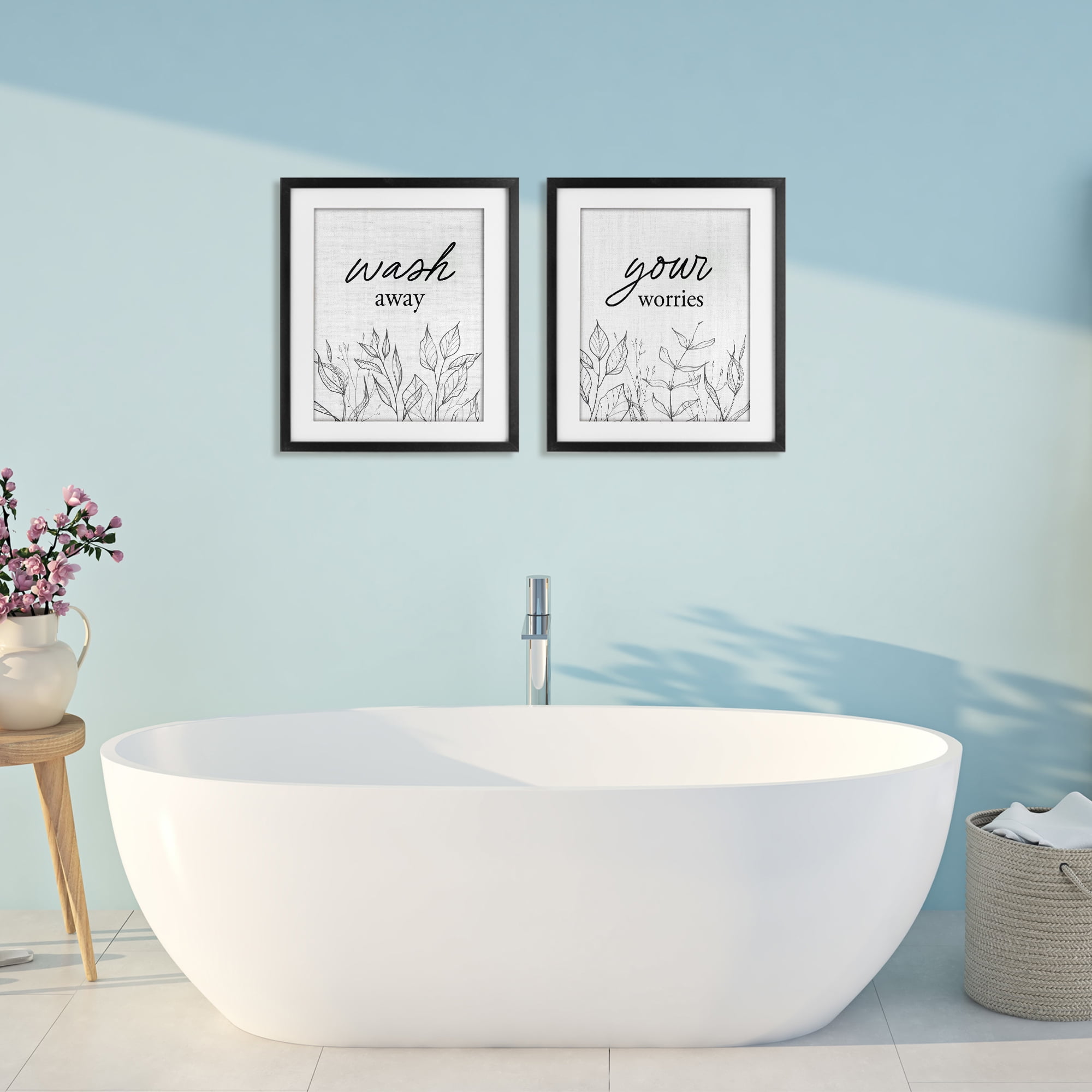 Wash Away Worries Minimalist Leaves 2 Piece Black Framed Print Under Glass Set, design by Lettered and Lined