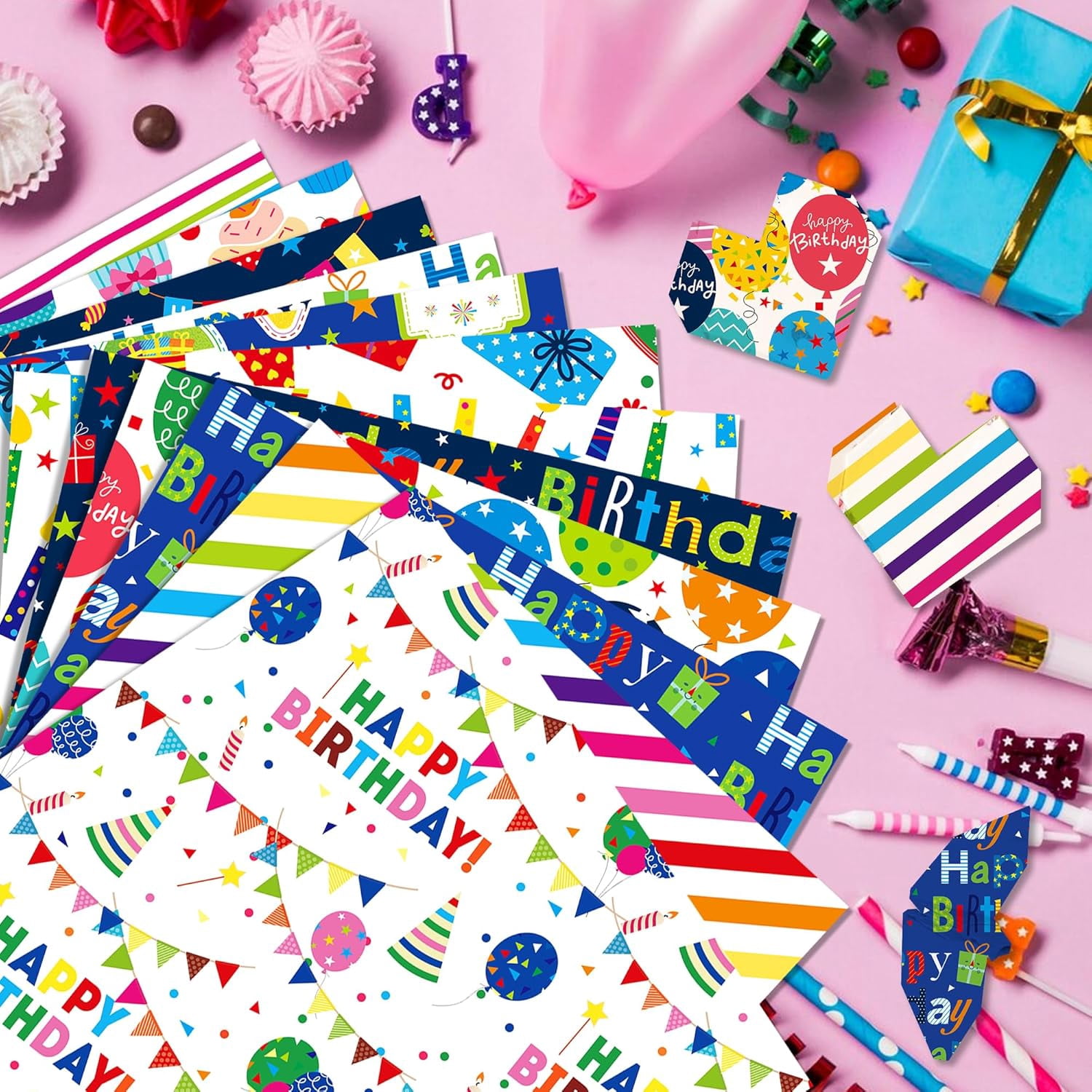 24 Sheets Happy Birthday Scrapbook Paper 11.8'' x 11.8'' Candle Balloon Topper Dessert Gift Birthday Themed Pattern Double Sided Decorative Sheets for DIY, Junk Journal,Collage,Card Making Supplies