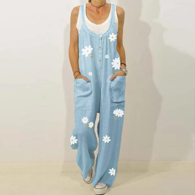 Fankiway Combinaison Décontractée Confortable à Col Rond Boutonné Imprimé Floral pour Femmes Grande Taille Liquidation