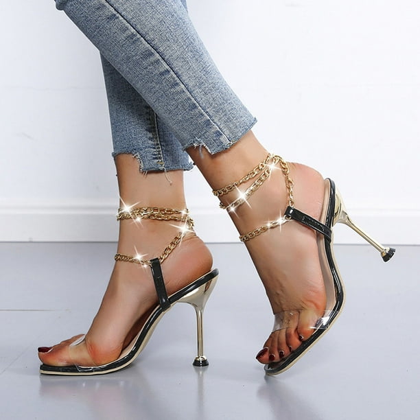 Sandalias de tacón alto con punta abierta y correa en el tobillo con cadena de metal transparente sexy para mujer Wmkox8yii hfjk3475