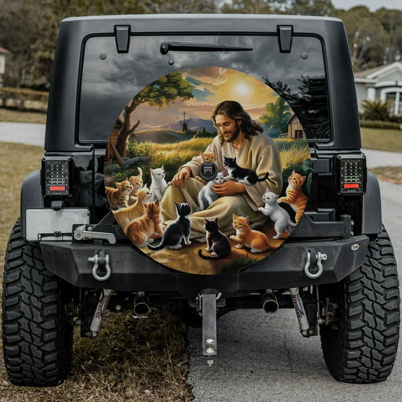 Lotusprinthandmade Jesus and Cat Spare Tire Cover With Backup Camera Hole 6 Sizes (27 in.)