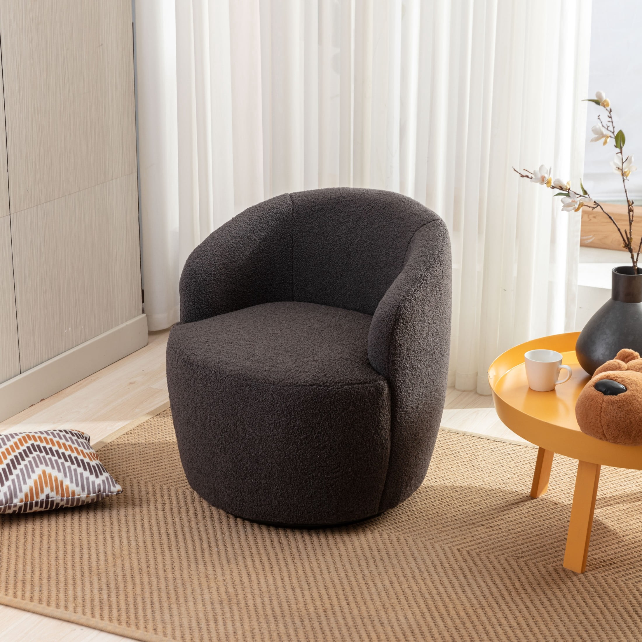 Noble House Arissa 26" Teddy Ergonomic Barrel Armchair, Swivel Reading Chair with Metal Base for Living Room, Dark Gray