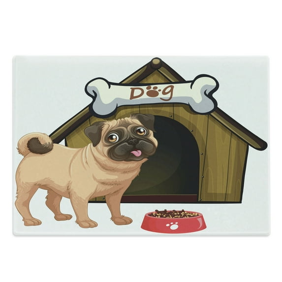 Pug Cutting Board, Dog House with a Pug in Front and a Its Food Cartoon Style Image Fun, Decorative Tempered Glass Cutting and Serving Board, Large Size, Pale Coffee Sand Brown, by Ambesonne