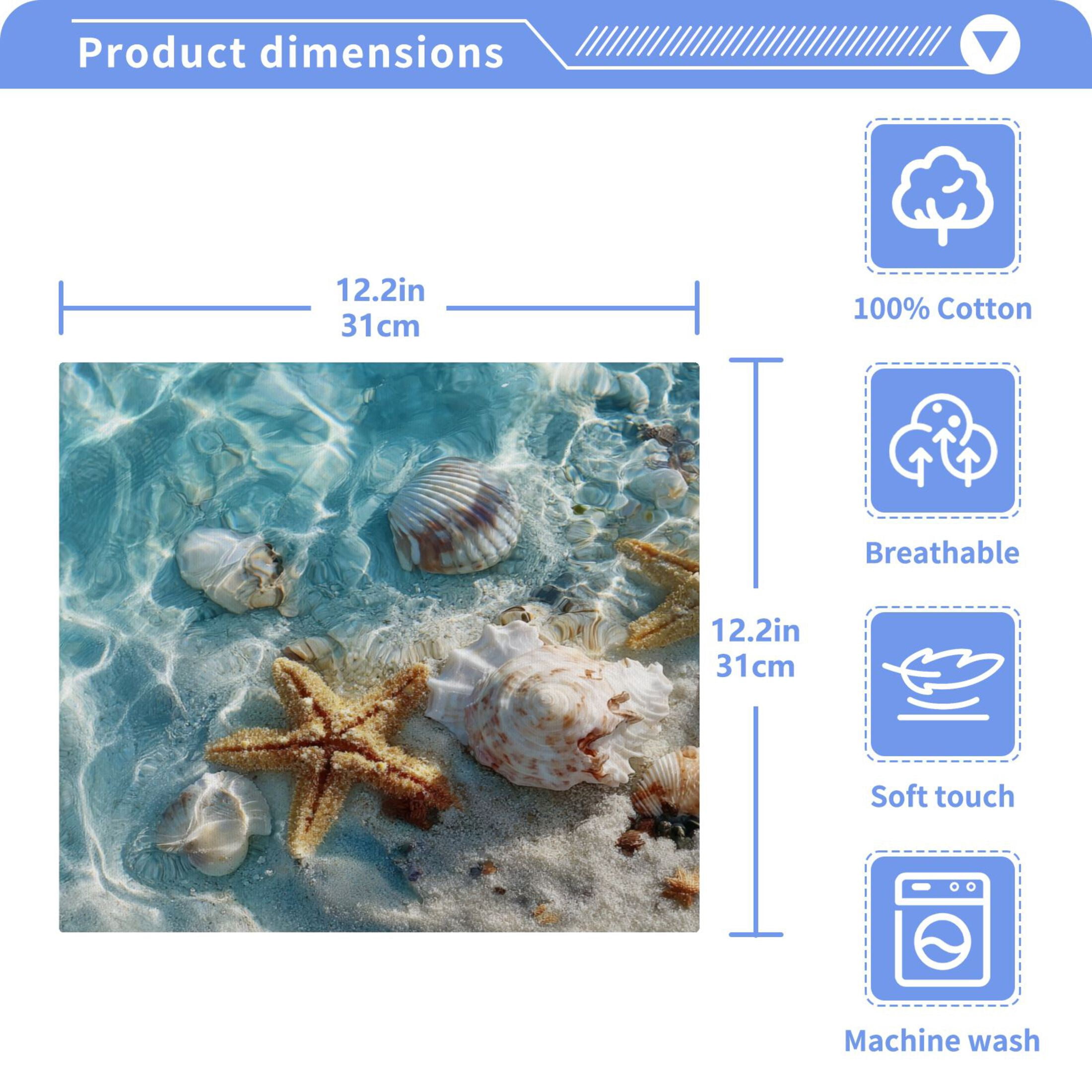 Starfish Seashell on Beach 100% Cotton Face Towel 12x12in Soft Absorbent Washcloth Durable Printed Hand Towels for Bathroom Travel 6 Pcs