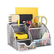 YCOCO Desk Organizer for Office, All in One Desktop Organizer with Note Paper Organizer and Pencil Holder, Silver Metal Mesh Office Organizer for Office Supply and Desk Accessories Organizers