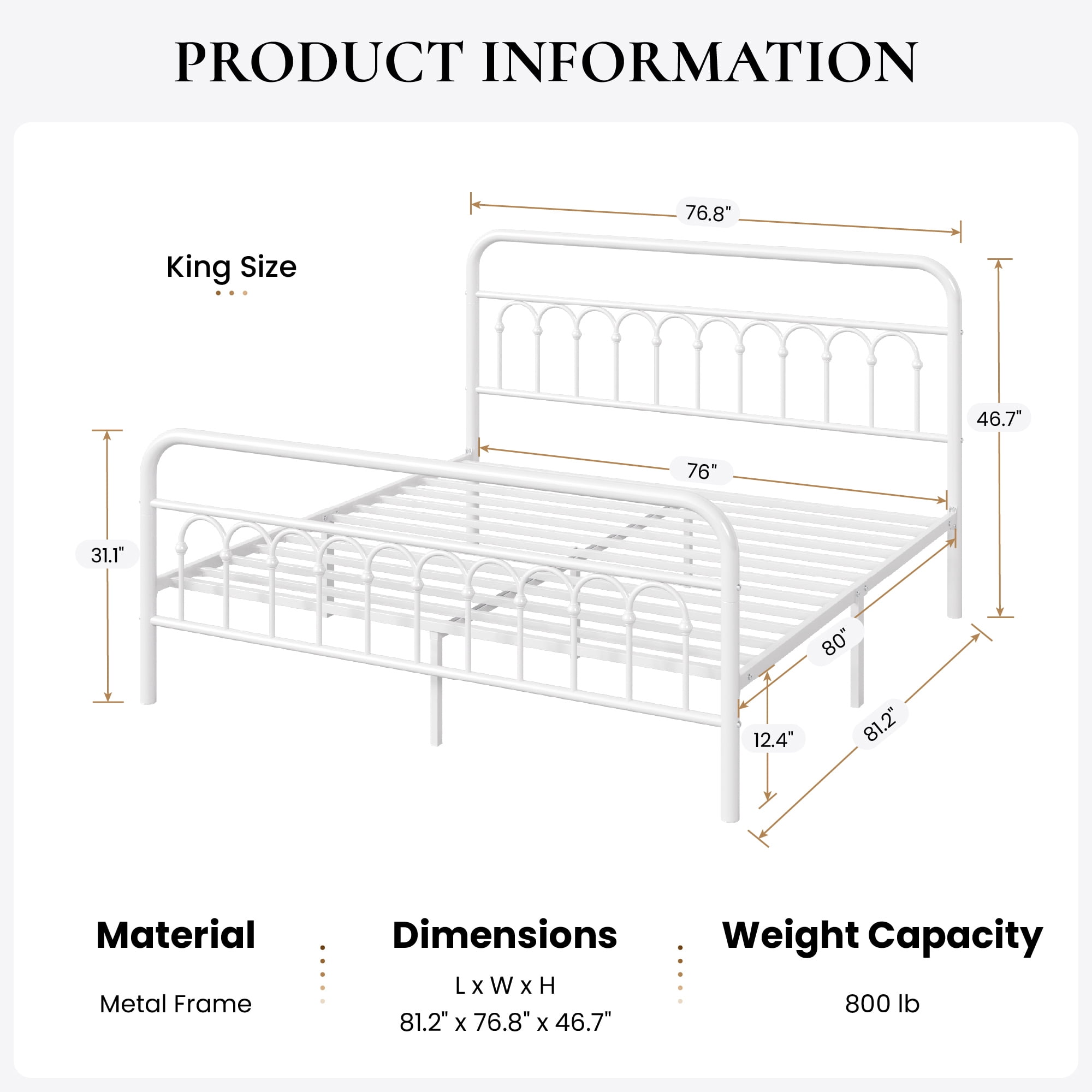 SHA CERLIN King Size Metal Platform Bed Frame with Headboard and Footboard, Iron Arch Finish, No Box Spring Needed, White