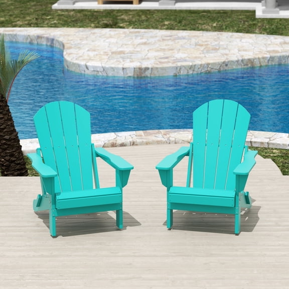 FADINGFREE Outdoor Folding Adirondack Chair Set of 2, All-Weather & Space-Saving HDPE Chair for Patio, Poolside, Deck & Graden, Turquoise