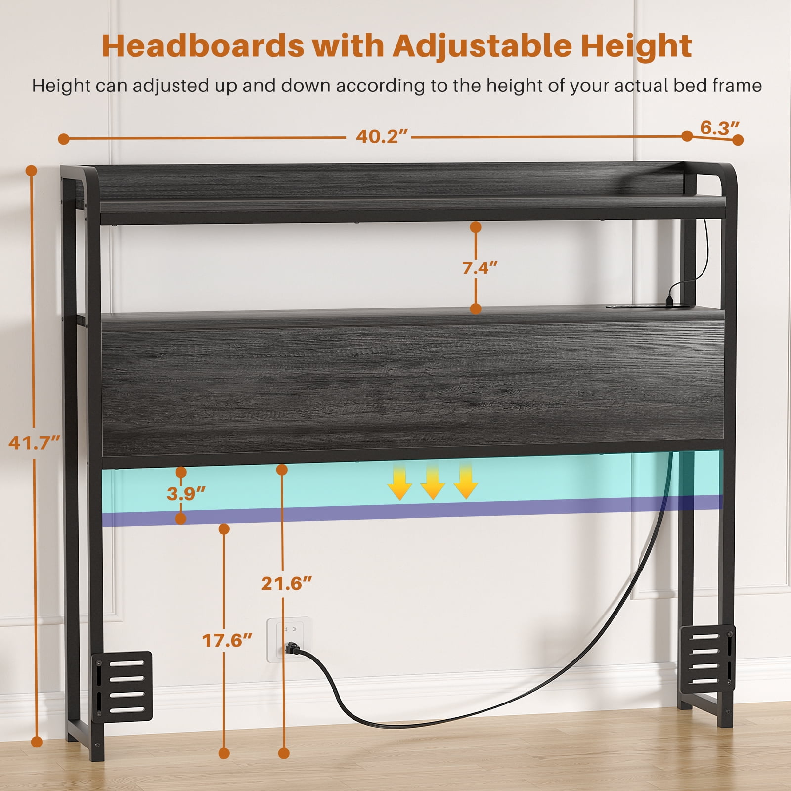 iSunrim Headboard for Twin Size Bed Frame, Headboard with Charging Station, USB Ports and LED Light, Headboard with Storage, Height Adjustable, Twin Size, Black Oak