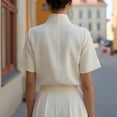 thumbnail image 2 of LEKODE Women Stand Split Collar Short Sleeve Blouse, Elegant Solid Color Work Office Casual Dress Shirt Top Basic Tees Boho Summer Tops Beige L, 2 of 6