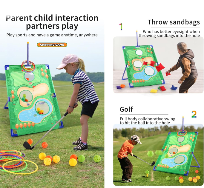 Kids Golf Yard Game,Golf Chipping Game, Cornhole Game, Ring Toss Game - 3 Set in 1 Game Kit with Chipping Mat and Stand for Adults Kids, Chip Sticky Practice Indoor Outdoor