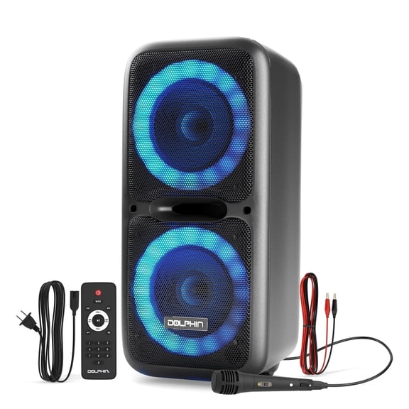 Dolphin SP-2120RBT Dual 12" Bluetooth Party Speaker - Portable Large Speaker with Wired Microphone, Multicolor LED Lights, USB Playback, Hi-Fi Amplifier, Powerful Bass, 5-Band Equalizer, Long-Lasting