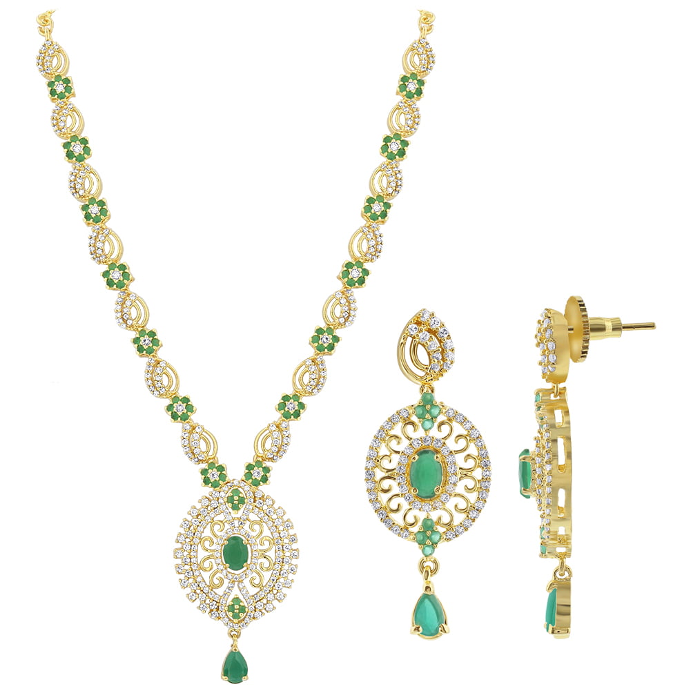Memon Jewelers Gem Avenue Gold Plated CZ Bollywood Indian Earrings Necklace Set Cubic Zirconia with Accents