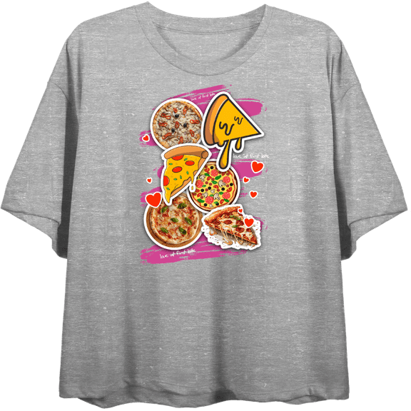 Love At First Bite Pizza Stickers Women's Heather Gray Crew Neck Short Sleeve Top-Large