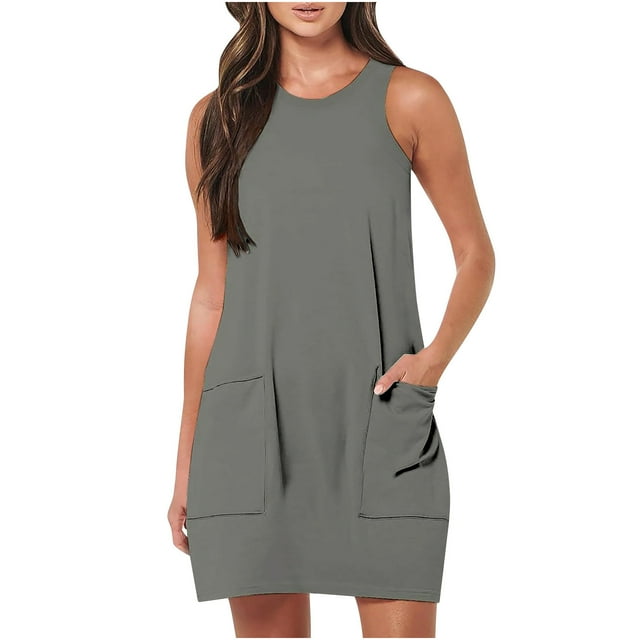 LSLJS Nouvelle Robe Sans Manches à Col Rond avec Poche pour Femmes, Robe d'Été de Plage