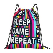 TEQUAN Drawstring Backpack Sports Gym Sackpack, Cute Eat Sleep Game Repeat Graffiti Prints Polyester Water Resistant String Bag for Women Men