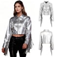 thumbnail image 5 of Haitryli Shiny Fringe Cropped Jacket for Women Long Sleeve Lapel Zip Up Western Style Biker Outerwear Silver M, 5 of 6