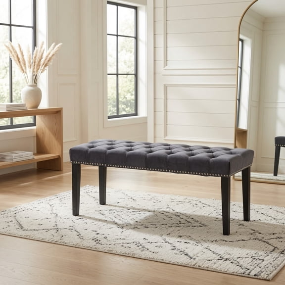 Upholstered Tufted Bench Ottoman, Velvet Dining Bench Bedroom Bench Footrest Stool Accent Bench for Entryway Dining Room Living Room, Dark Gray