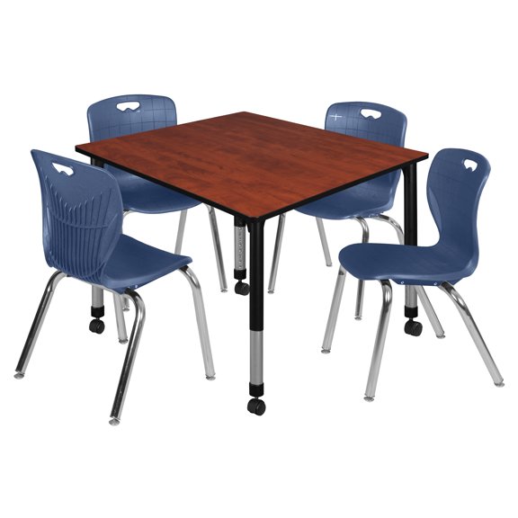 Regency Kee 48" Square Height Adjustable Mobile Classroom Table - Cherry & 4 Andy 18-in Stack Chairs- Navy Blue