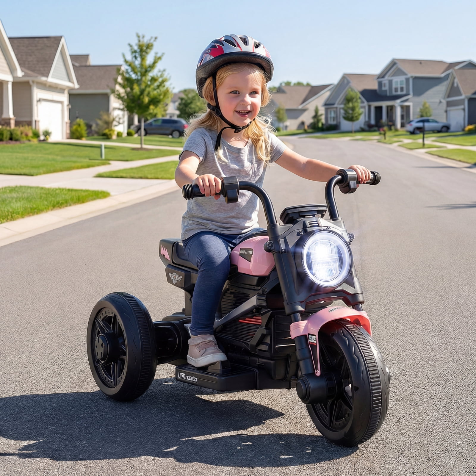 Gymax 6V Kids Motorcycle w/Song Story LED Headlights Accelerator Pedal & 3 Wheels Pink