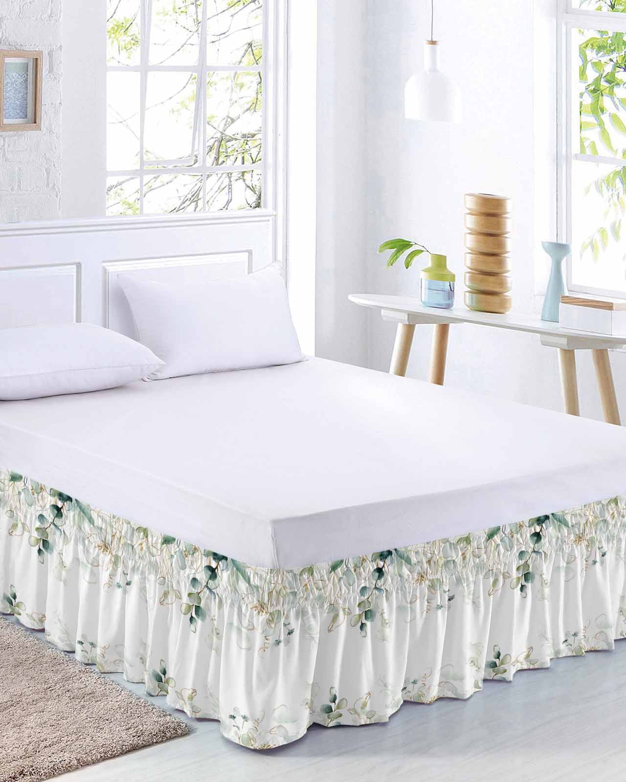 Eucalyptus Leaves Wrap Around Bed Skirts for Queen Bed 16" Drop,Bed Skirt with Adjustable Elastic Belt Dust Ruffle Bed Valance for Bedroom Hotel Watercolor Sage Green Golden Floral Bed Frame Cover